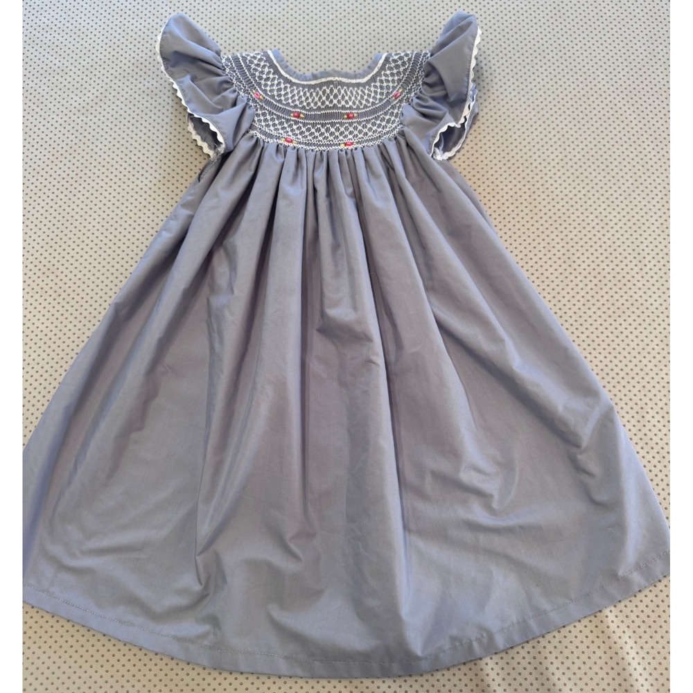 Handmade Smocked Bishop Dress Gray Flutter Sleeve Floral Embroidery Size 2T